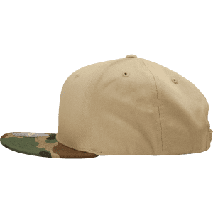 A high-profile structured snapback cap with a camo-patterned visor and a beige body. It features a logo on the side.