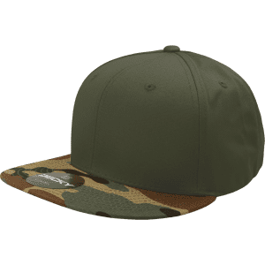 A camo snapback cap featuring a high-profile structured design with an olive green crown and a patterned brim.
