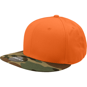 A high-profile structured snapback cap with an orange crown and a camo-patterned brim. It features a branding logo.