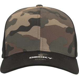 A camo cap featuring a 6-panel mid profile design with shades of green and brown, including a black visor and a logo.