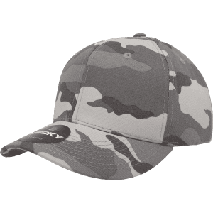 A grey camouflage cap featuring a six-panel design and a curved brim, with an embroidered logo on the front.