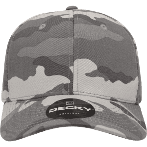 A grey camo 6-panel mid-profile structured cap with a branded logo on the front.