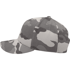 A grey and white camo cap with a mid-profile, 6-panel structured design and a curved brim. It features a logo.