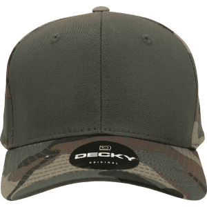 A structured six-panel cap in camouflage pattern with a dark green and brown colour scheme. It features a logo on the front.