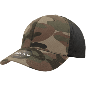 A camouflage cap featuring a structured design, with shades of green, brown, and black, and a branded patch.