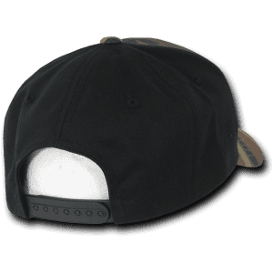 A 6 panel mid-profile structured cap featuring a black body and camo-patterned brim, with an adjustable strap at the back.