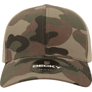 A structured mid-profile cap in a camouflage pattern, featuring shades of green and brown, with a logo on the front.