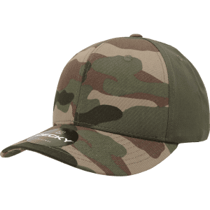 A camo cap featuring a six-panel mid profile design in earthy tones of green, brown, and beige, with a logo.