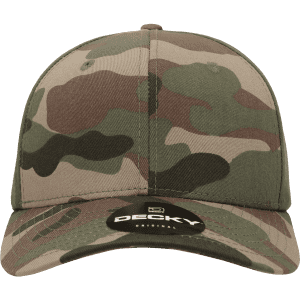 A camo cap featuring a six-panel mid-profile design in various shades of green and brown with a logo on the front.