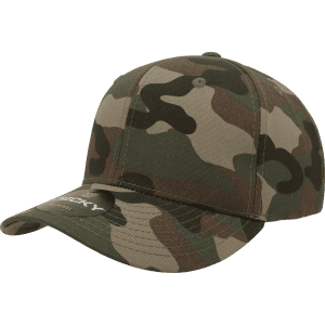 A camo cap with a mid-profile structured design featuring shades of green, brown, and black, with a logo.