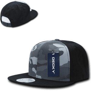 A grey and black camo snapback cap with a structured high profile and a tag, featuring a logo.