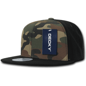 A camo-patterned 6 panel snapback cap with a black brim and a tag attached. Features a logo on the side.