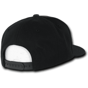 A black snapback cap with a structured high profile and adjustable strap at the back. It features a logo.