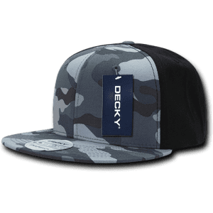 A grey and black camo snapback cap featuring a structured high profile and a logo tag.