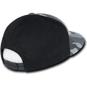 A structured snapback cap featuring a camouflage pattern in grey and black, with a black rear panel and adjustable snap closure.