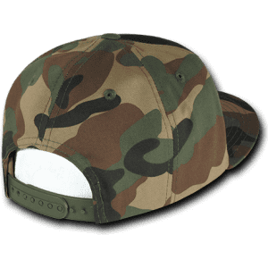 A structured snapback cap featuring a high-profile design in a camouflage pattern with shades of green and brown.