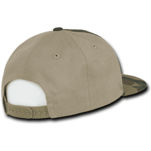 A khaki and camo snapback cap with a high-profile structured design and an adjustable strap at the back.