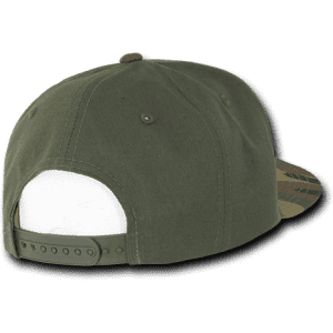 A high-profile structured camo snapback cap in green with a patterned brim and a snapback closure.
