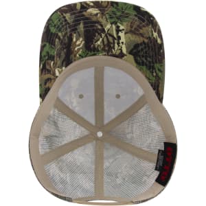 A low profile trucker cap featuring a camo pattern in green and brown with a breathable mesh lining and branded label.