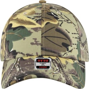 A low profile trucker cap in a camo pattern featuring shades of green and brown, with a branded label attached.