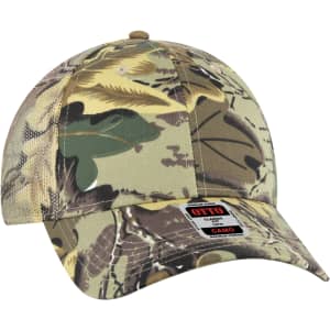 A camo-patterned 6 panel trucker hat featuring a mesh back and an adjustable strap.