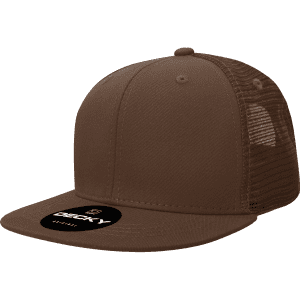 A brown 6-panel trucker cap with a mesh back and a curved brim, featuring a logo on the front.
