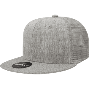 A grey structured trucker cap with a mesh back and a flat brim, featuring a logo on the front.