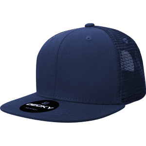 A navy blue 6 panel high profile structured trucker hat with a mesh back and a circular logo.