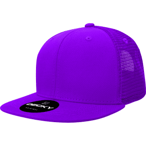 A purple high-profile structured trucker cap with a mesh back and a branded tag on the front.