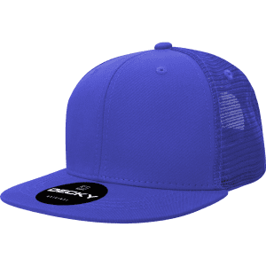 A blue 6 Panel High Profile Structured Trucker hat with a mesh back and a circular logo on the front.