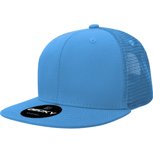 A light blue 6 panel high profile structured trucker cap with a mesh back and an adjustable strap. Features a logo.