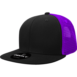 A high-profile structured trucker cap in black with a purple mesh back and a logo on the front.