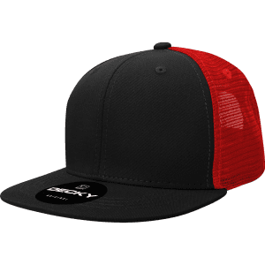 A black and red 6-panel high profile structured trucker cap with a logo on the front.