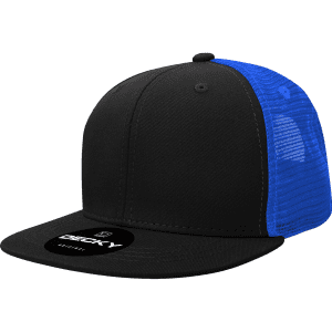 A black and blue 6-panel high-profile structured trucker cap with a mesh back and a logo.