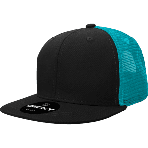 A black trucker hat with a structured high profile and a turquoise mesh back, featuring a logo on the front.