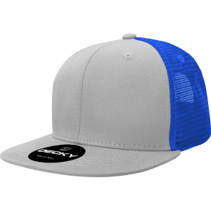 A 6-panel high profile structured trucker cap in grey with blue mesh panels. It features a logo on the front.