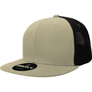 A 6-panel trucker cap in beige with a black mesh back and a flat brim, featuring a logo on the front.