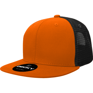 An orange high-profile trucker cap with a structured design and black mesh back, featuring a logo.