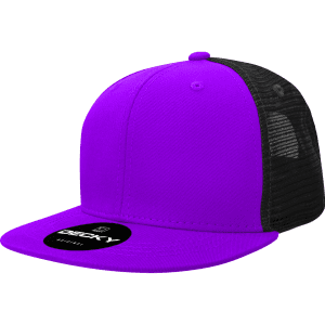 A purple high-profile structured trucker hat with a black mesh back and a logo on the front.