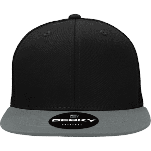A black high-profile structured trucker cap with a grey peak and a logo on the front.