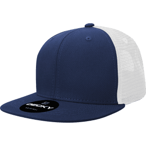 A navy blue and white 6 panel high profile structured trucker cap with a logo on the front.