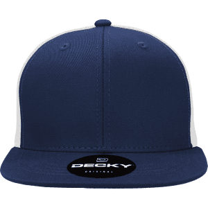 A high-profile structured trucker cap in navy with a white mesh back and a logo on the front.