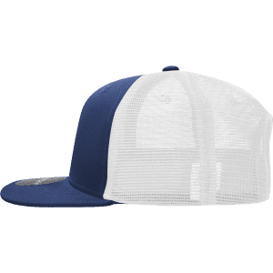 A navy blue and white structured trucker cap featuring a mesh back and a logo on the front.