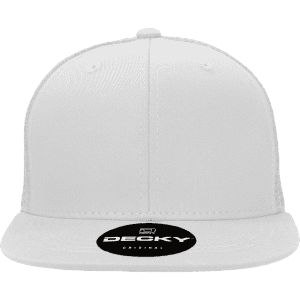 A white 6 panel high profile structured trucker cap with a flat brim and a logo on the front.