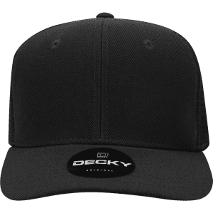 A black 6-panel mid-profile structured trucker cap with a branded logo on the front.