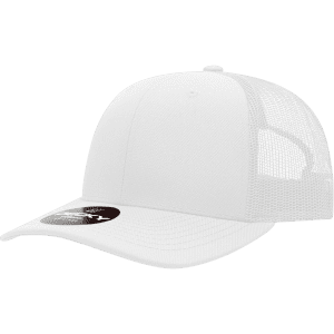 A white structured trucker cap with a mesh back and a curved brim. It features a logo on the front.