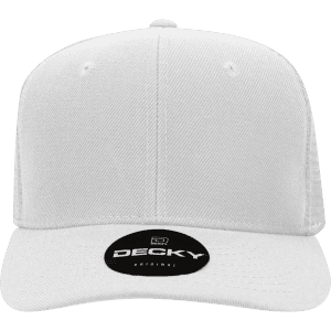 A white 6-panel mid profile structured trucker cap featuring a branded badge on the front.