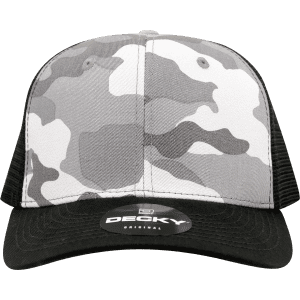 A structured mid-profile trucker cap in grey and black camo pattern, featuring a branded logo on the front.