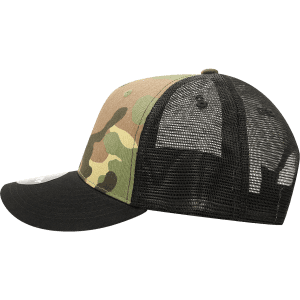 A camo trucker cap featuring a mid-profile structured design with green, brown, and black colours. It includes a logo.