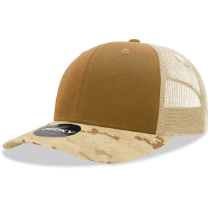 A camo trucker cap with a mid-profile structured design, featuring a tan front and mesh back.